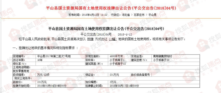 平山县挂牌出让1宗国有土地使用权起始价为00231亿元