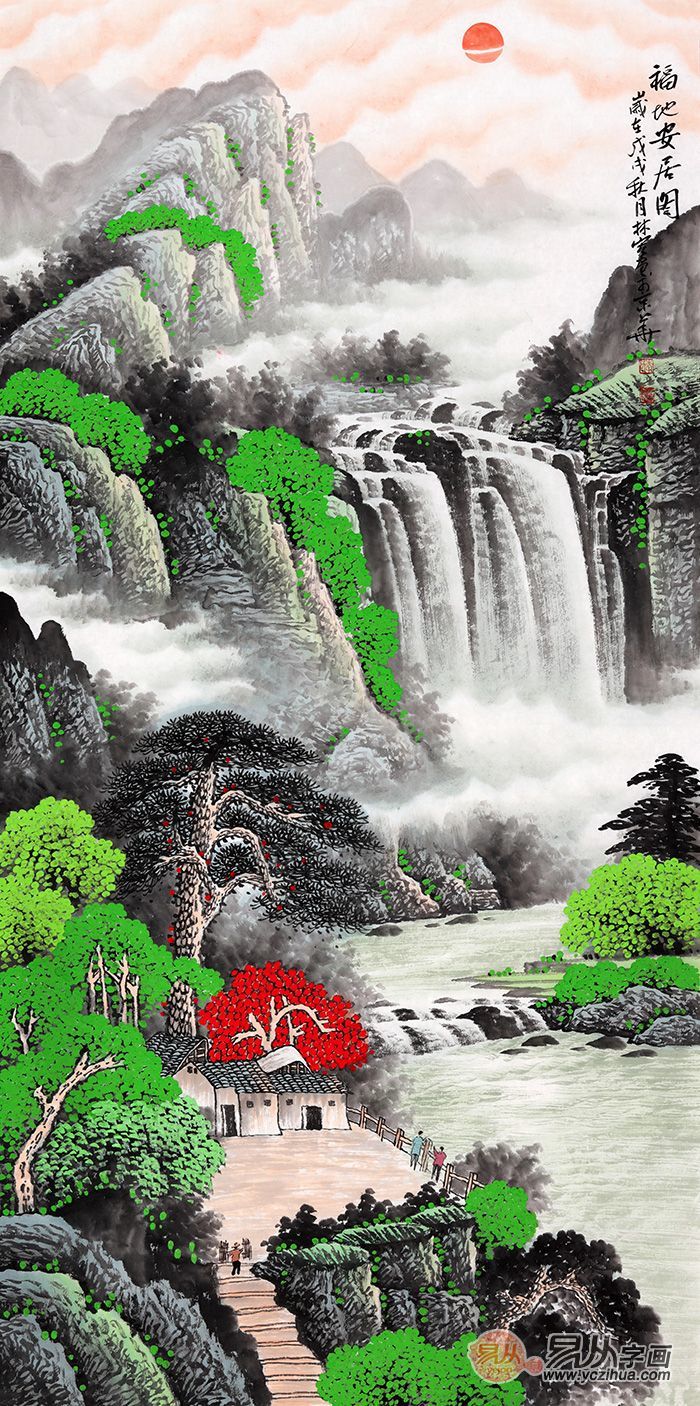 林木繁茂,屋舍怡然自得的特点搭配出一幕高山流水,生机勃勃的山水画面