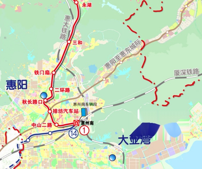近期规划中,惠州市将建设轨道交通1,2号线一期以及深圳地铁14号线惠州