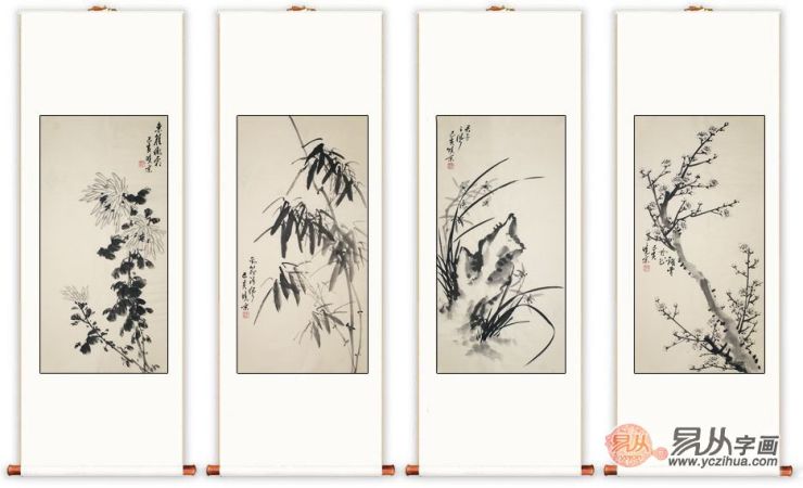 郑晓京《梅兰竹菊四条屏》(作品选自:易从网)