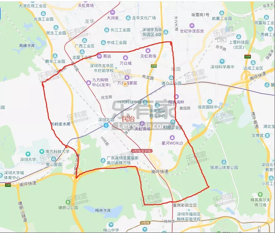 东临龙岗区坂田街道,与华为基地衔接;西临南山区桃源街道,以山和水库