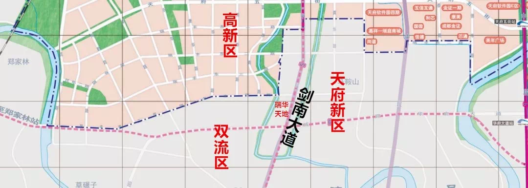 双流区剑南大道南段716号 三区具体位置 粉色为高新区,剑南大道是双流