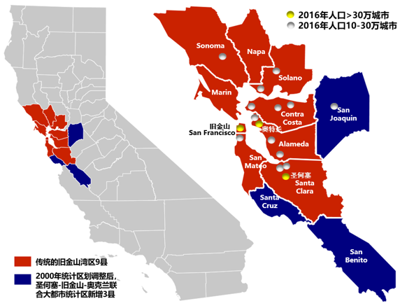 联合大都市统计区空间范围与城镇体系图旧金山湾区位于美国西海岸,是
