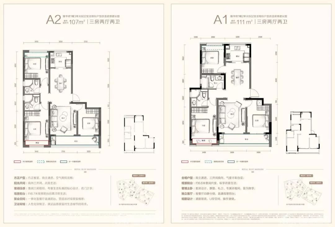 臻蓝府目前有107方至149方共五个标准户型,并为主推的129方4室户型做