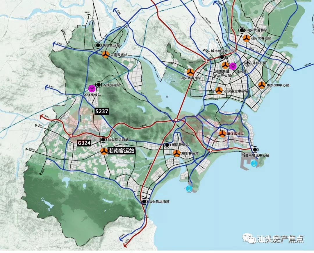 汕头南站等交通轨道示意图现在,汕头东站和汕头南站虽只是在规划中,但
