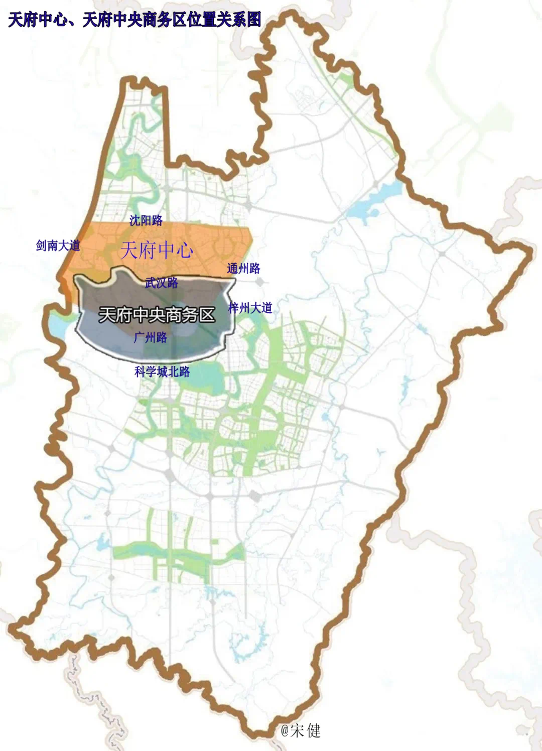 △天府新区旧版规划图 后来又有了天府中央商务区,但很多人没有搞