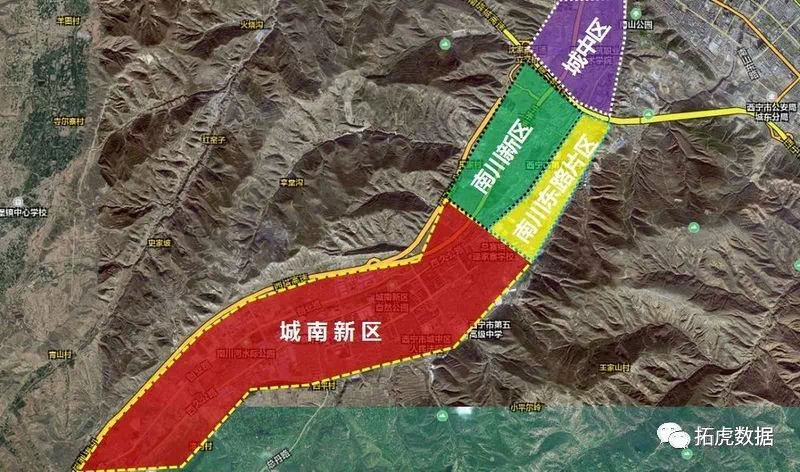 城南新区,南郊水磨以南,湟中县徐家寨三岔路口以北,面积30平方公里的