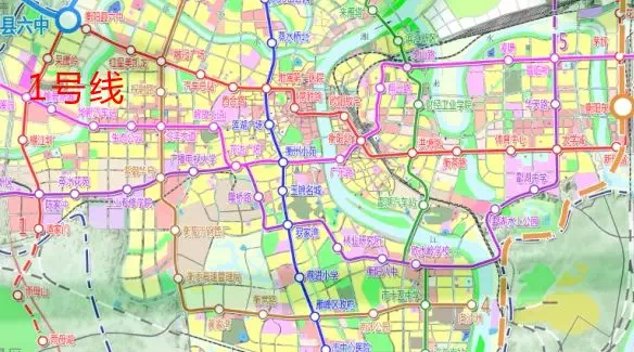 中心→大学城→衡阳东站1号线(图例为大红色)具体站点本文仅供参考,不