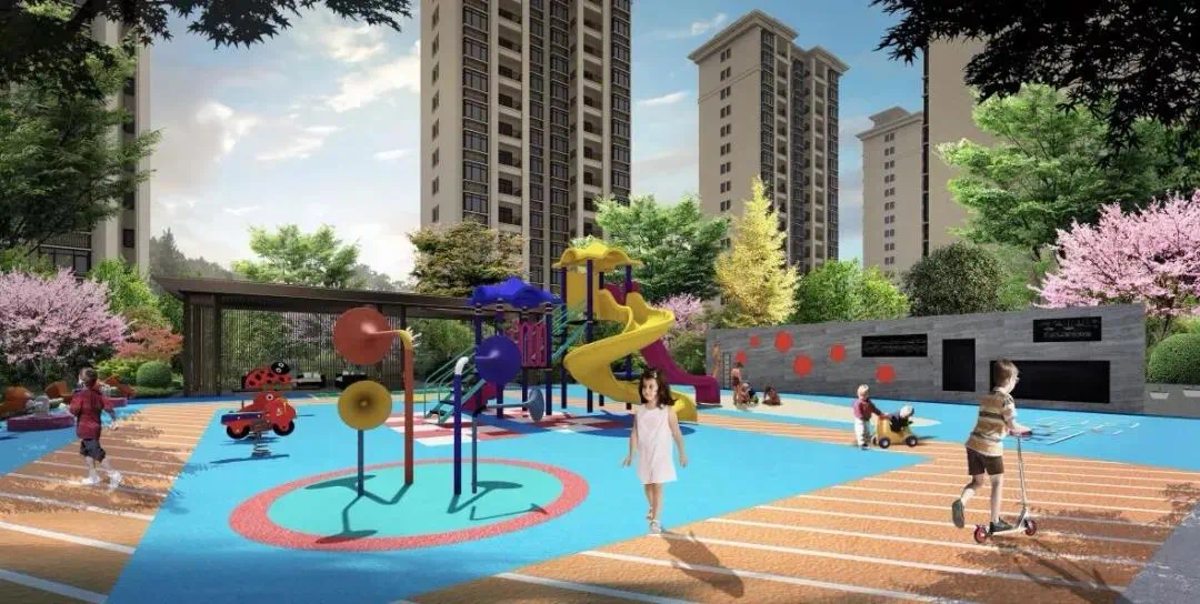 优享健康娱乐人生 小区内规划多重主题广场 休憩亭,儿童滑梯,健身器械