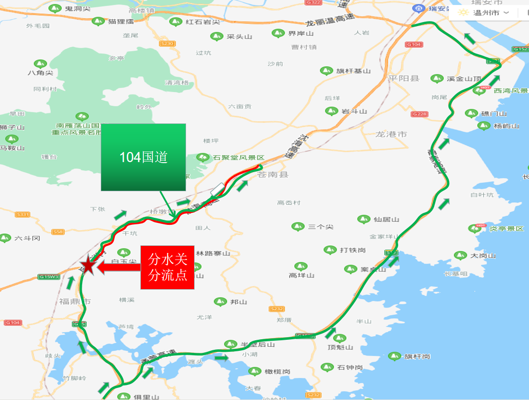 ①台州方向分水关分流后,绕行 104国道行驶至 苍南上高速