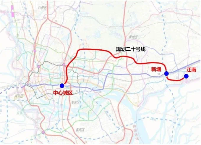 地铁20号线走向图根据广州铁路客运量预测结果和新塘客车作业量预测