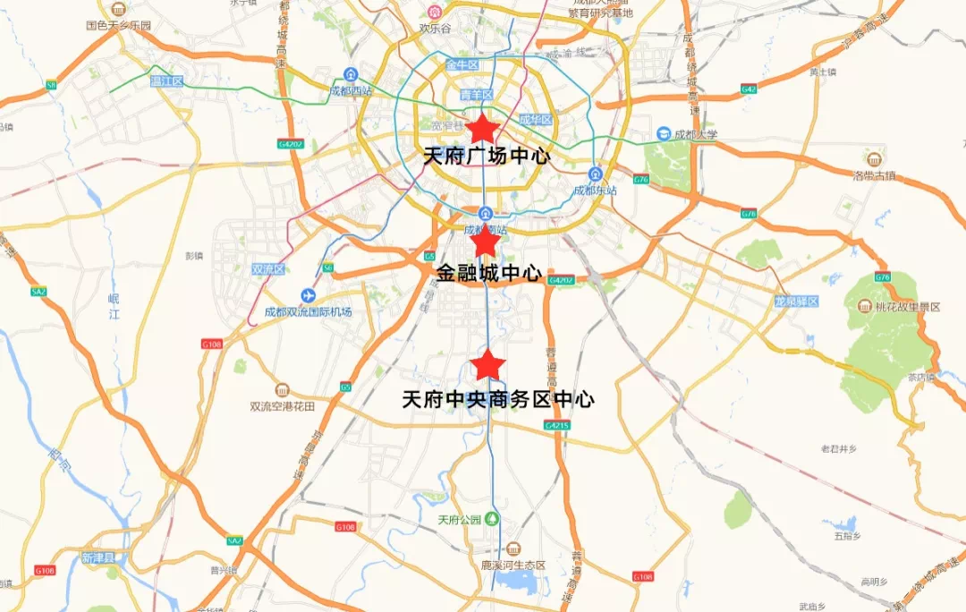 成都有三个中心且三中心连成一条线,分别是天府广场,金融城,天府中央