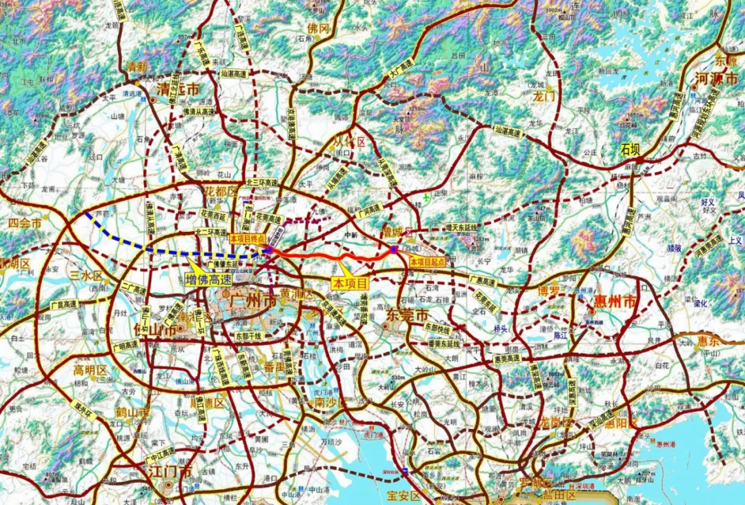 路线起点位于增城区朱村街道,接北三环高速,终点接知识城快线(规划)