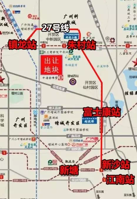而下面这张图更是标明了27号线的站点和接轨情况: 27号线将连通富士康
