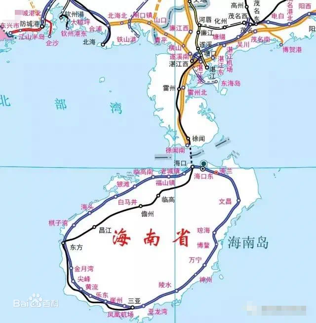 南端以铁路轮渡通过琼州海峡与海南环岛高铁和西环铁路相连,构建起