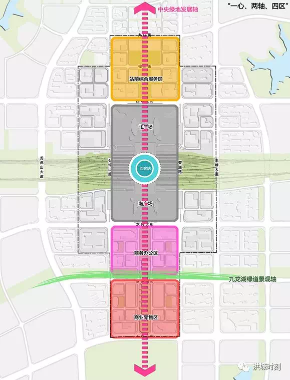 本次城市设计规划结构为一心,两轴,四区,其中一心为南昌西站,南北为