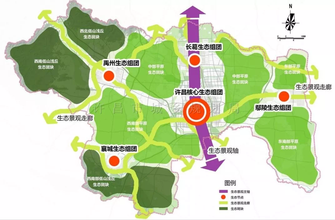 随后《许昌市城市绿地系统专项规划》中规划五大生态组团,许昌核心