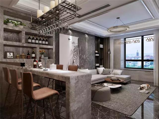 酒柜和吧台采用石材的设计,与沙发背景墙形成整体,即华丽个性又