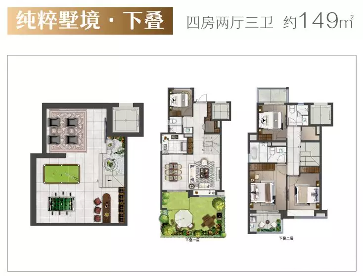 叠加别墅总高4层,分上叠,下叠,其中 下叠建面约149㎡,为4房2厅3卫.