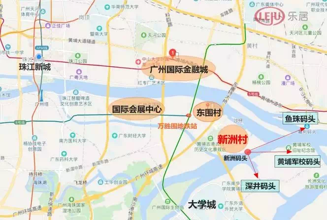 新洲村位于琶洲东区,南面与大学城一江之隔,北靠广州国际金融城,东南