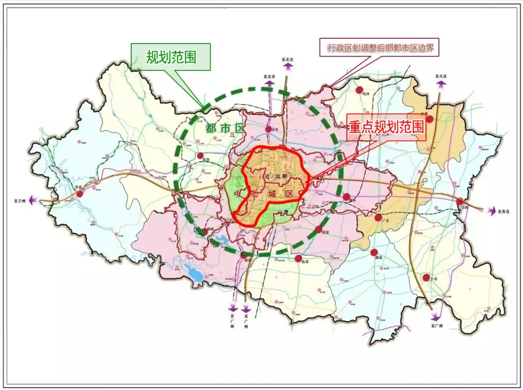 邯郸市城市轨道交通规划范围示意图 具体是,2,3,5,6号线为远景规划