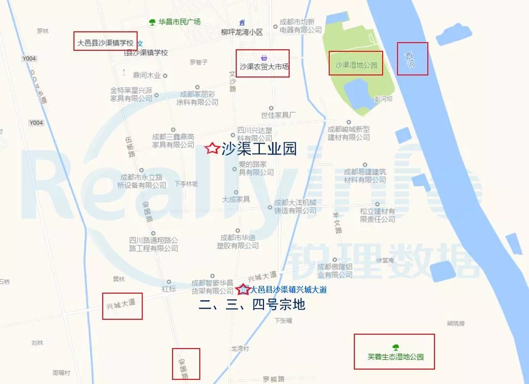 二,三,四号宗地位置及周边示意图 锐理数据显示,近十年大邑县沙渠镇